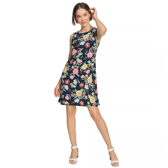 TOMMY HILFIGER Sz 2 Blue Floral Round Neck Sleeveless Sheath A line Dress - Picture 1 of 13